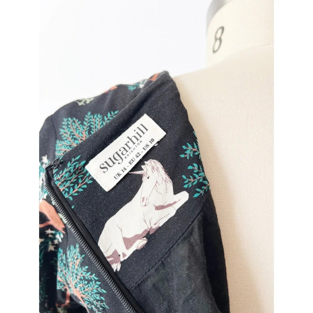 Modcloth Sugarhill Mini Dress Black Unicorn Woodland Print Long Sleeve Whimsical - Picture 9 of 9
